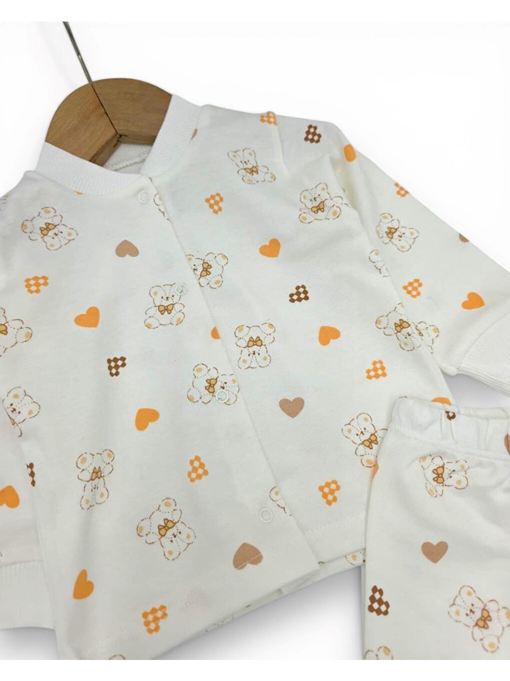 Ekru Kız Bebek Kalp Ve Ayıcık Baskılı Çıtçıtlı Mevsimlik %100 Pamuk Gecelik Alt Üst Pijama Takımı-4