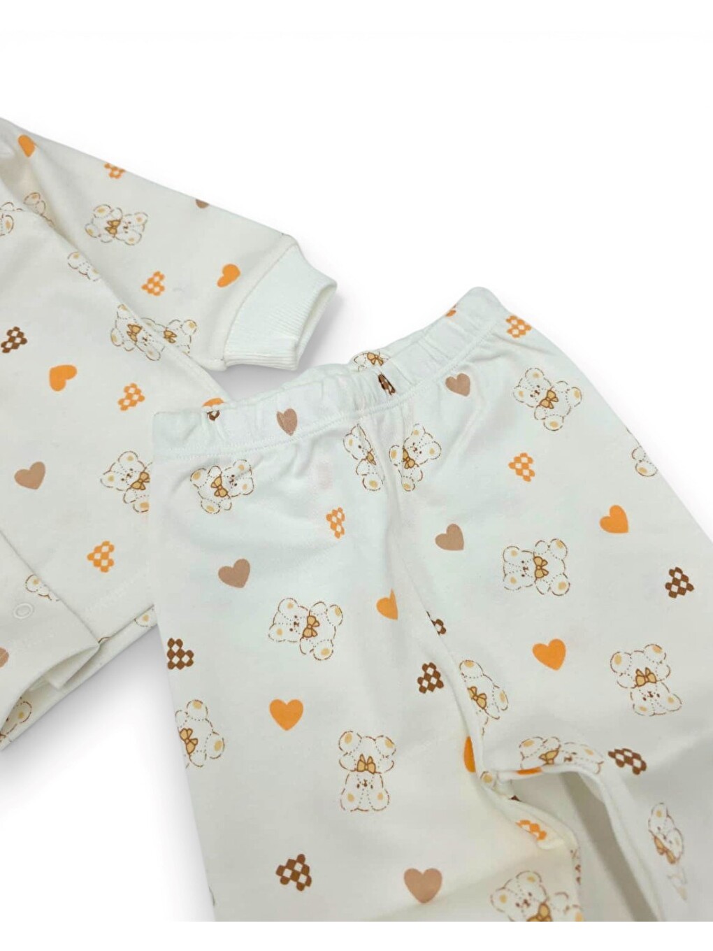 Ekru Kız Bebek Kalp Ve Ayıcık Baskılı Çıtçıtlı Mevsimlik %100 Pamuk Gecelik Alt Üst Pijama Takımı-5