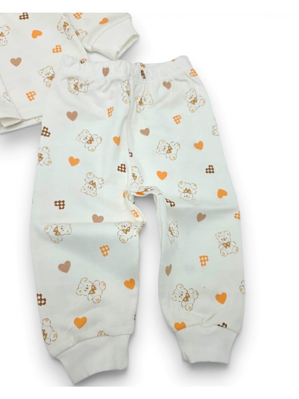 Ekru Kız Bebek Kalp Ve Ayıcık Baskılı Çıtçıtlı Mevsimlik %100 Pamuk Gecelik Alt Üst Pijama Takımı-6
