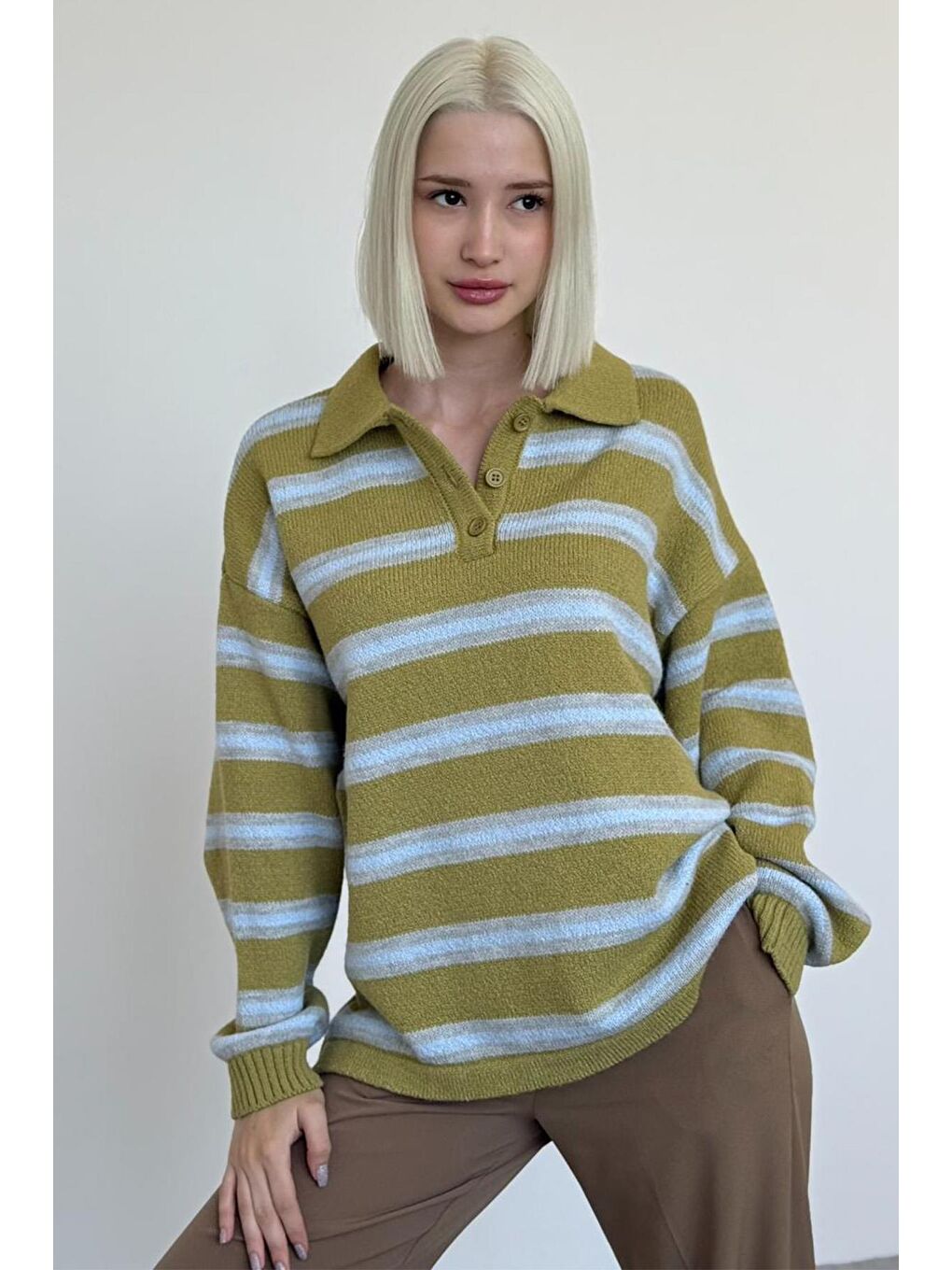 Yeşil Polo Yaka Çizgili Kadın Triko Kazak Mg2469-5