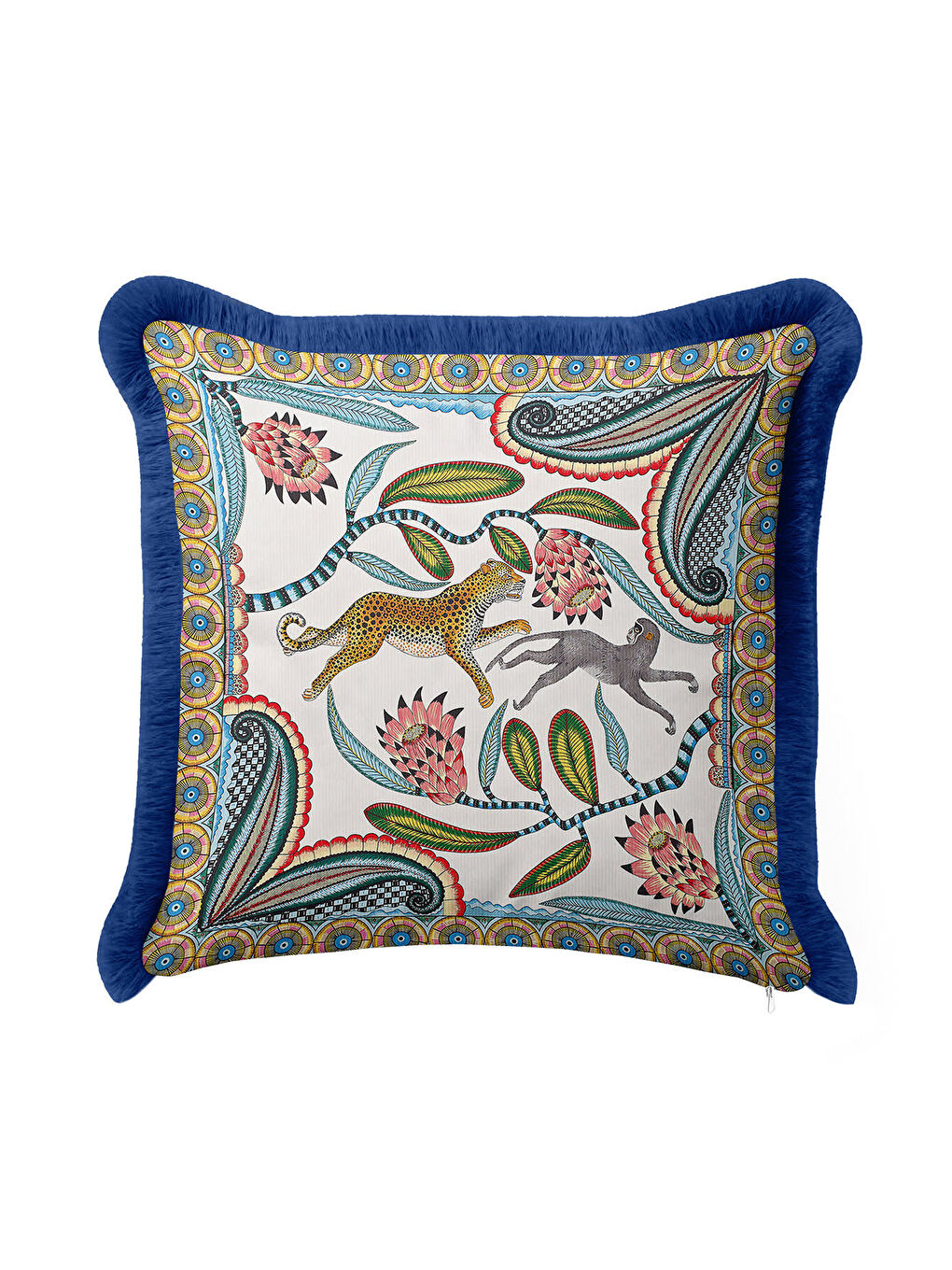 Karışık Egzotik Çiçekli Leopar Saçaklı Yastık Kılıfı - Safari Temalı Bohem Mavi Püsküllü Kırlent Kılıfı-1