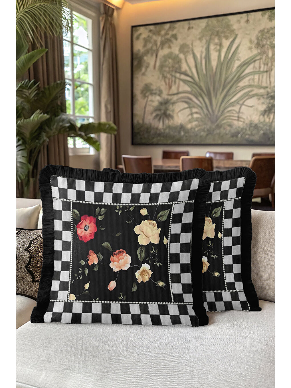 Karışık Zarif Çiçekli Saçaklı Yastık Kılıfı - Monokrom Bohem Siyah Püsküllü Kırlent Kılıfı-5