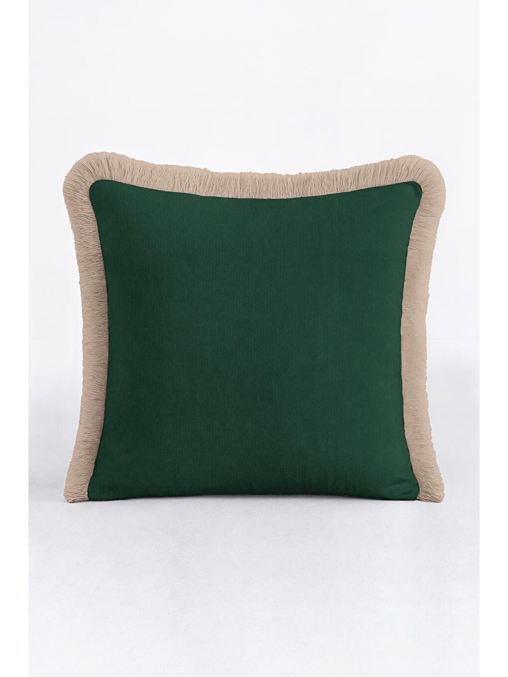 Karışık Zümrüt Yeşili Lüks Saçaklı Yastık Kılıfı - Klasik Country Bej Kenarlı Püsküllü Kırlent Kılıfı-2