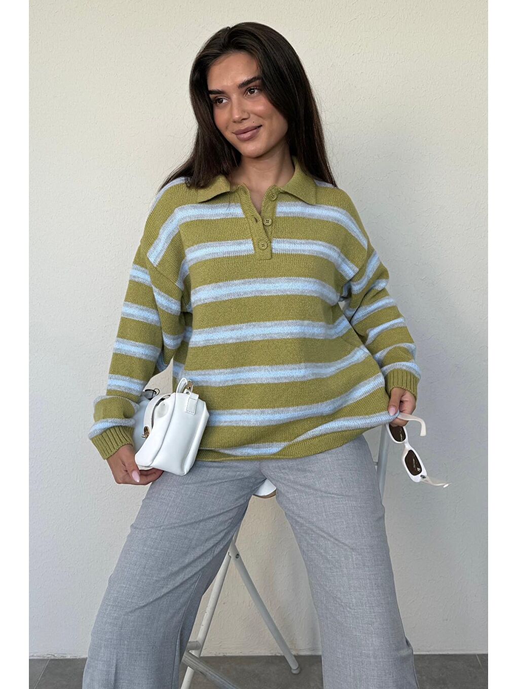 Yeşil Polo Yaka Çizgili Kadın Triko Kazak Mg2469-6