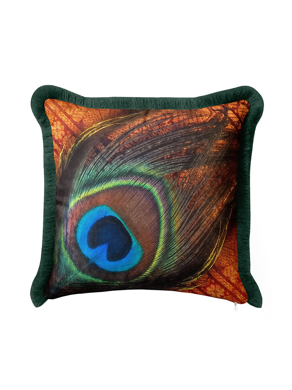 Karışık Zümrüt Yeşili Tavus Tüyü Saçaklı Yastık Kılıfı - Bohem Lüks Turuncu Yeşil Püsküllü Kırlent Kılıfı-2