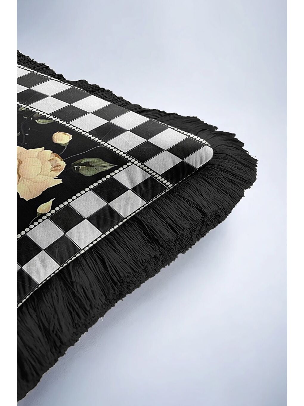 Karışık Zarif Çiçekli Saçaklı Yastık Kılıfı - Monokrom Bohem Siyah Püsküllü Kırlent Kılıfı-6