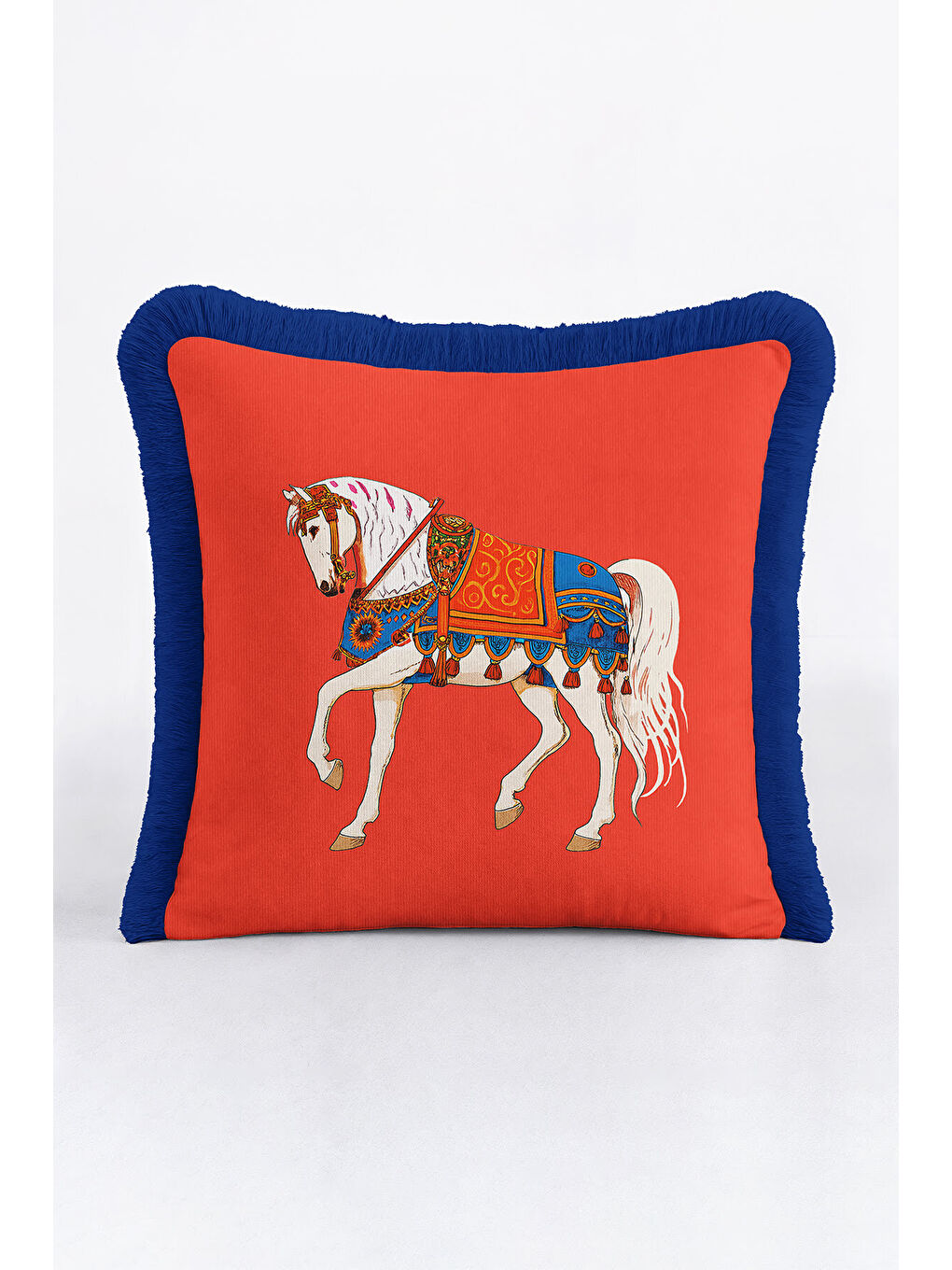 Karışık Saray İhtişamlı Saçaklı Yastık Kılıfı - Asil At Figürü Bohem Kırmızı Lacivert Püsküllü Kırlent Kılıf-2