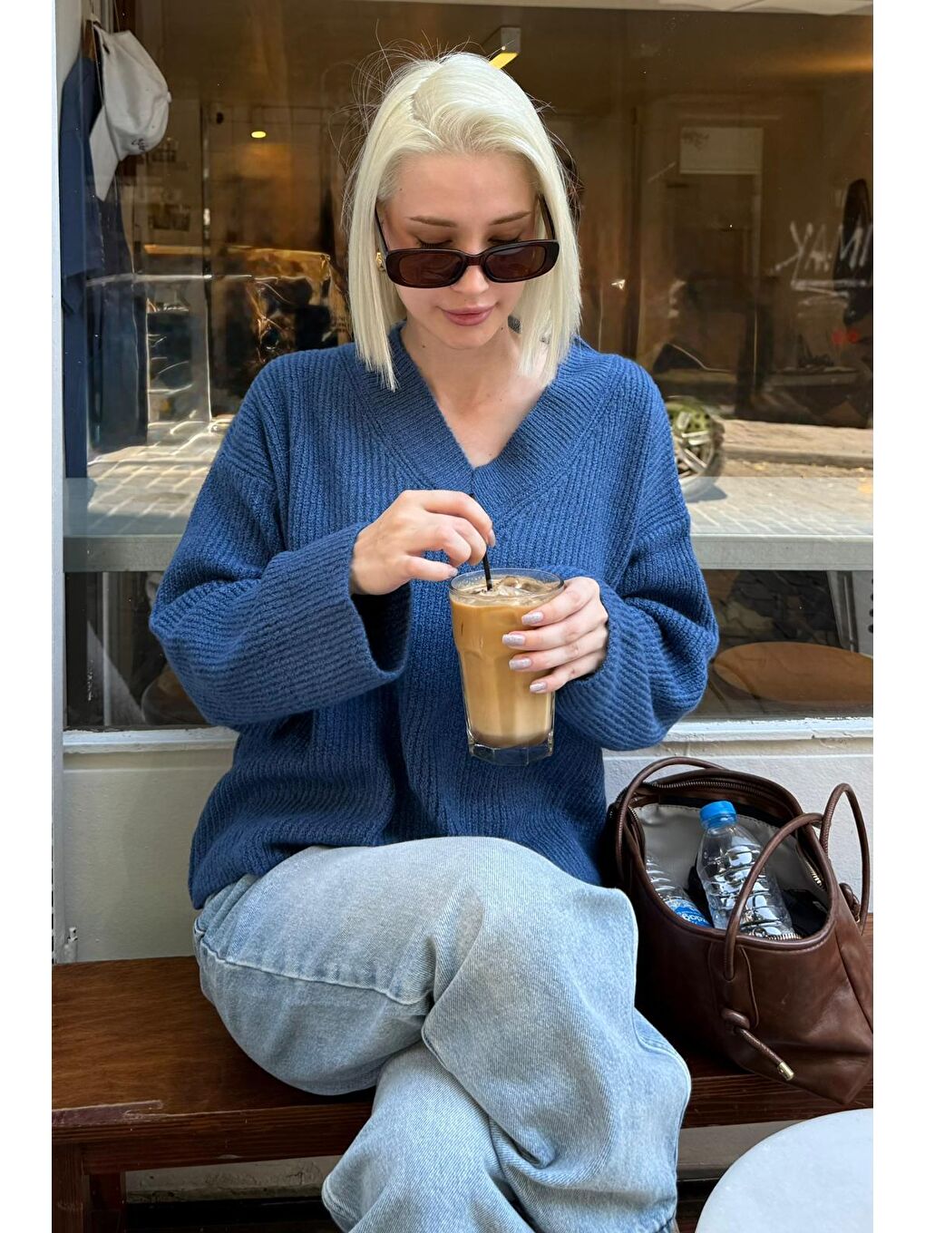 İndigo V Yaka Triko Kadın Kazak Mg2501-3