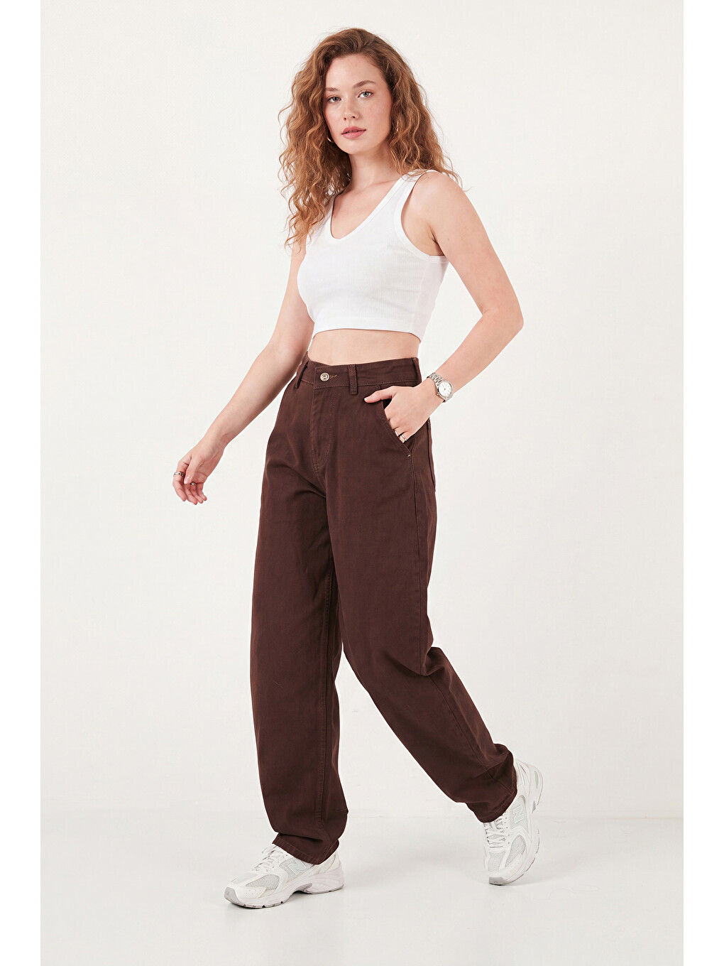 Kahverengi Pamuklu Yüksek Bel Daralan Paça Baggy Jean Pantolon 66930083-2