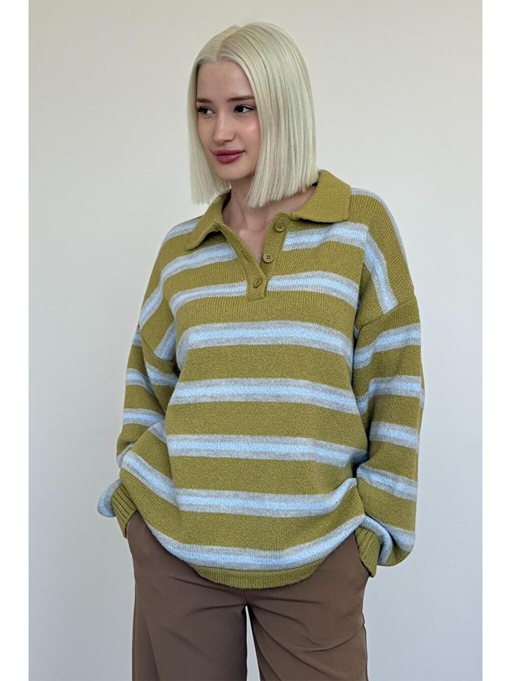 Yeşil Polo Yaka Çizgili Kadın Triko Kazak Mg2469-7