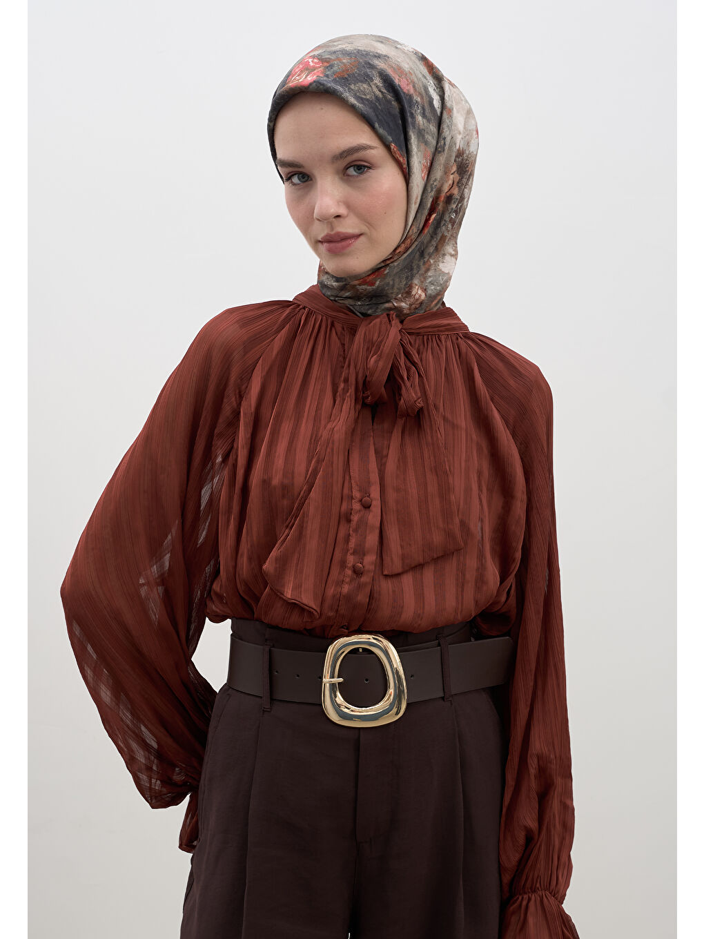 Kahverengi Evelyne Desen Pamuklu Viskon Eşarp Kiremit