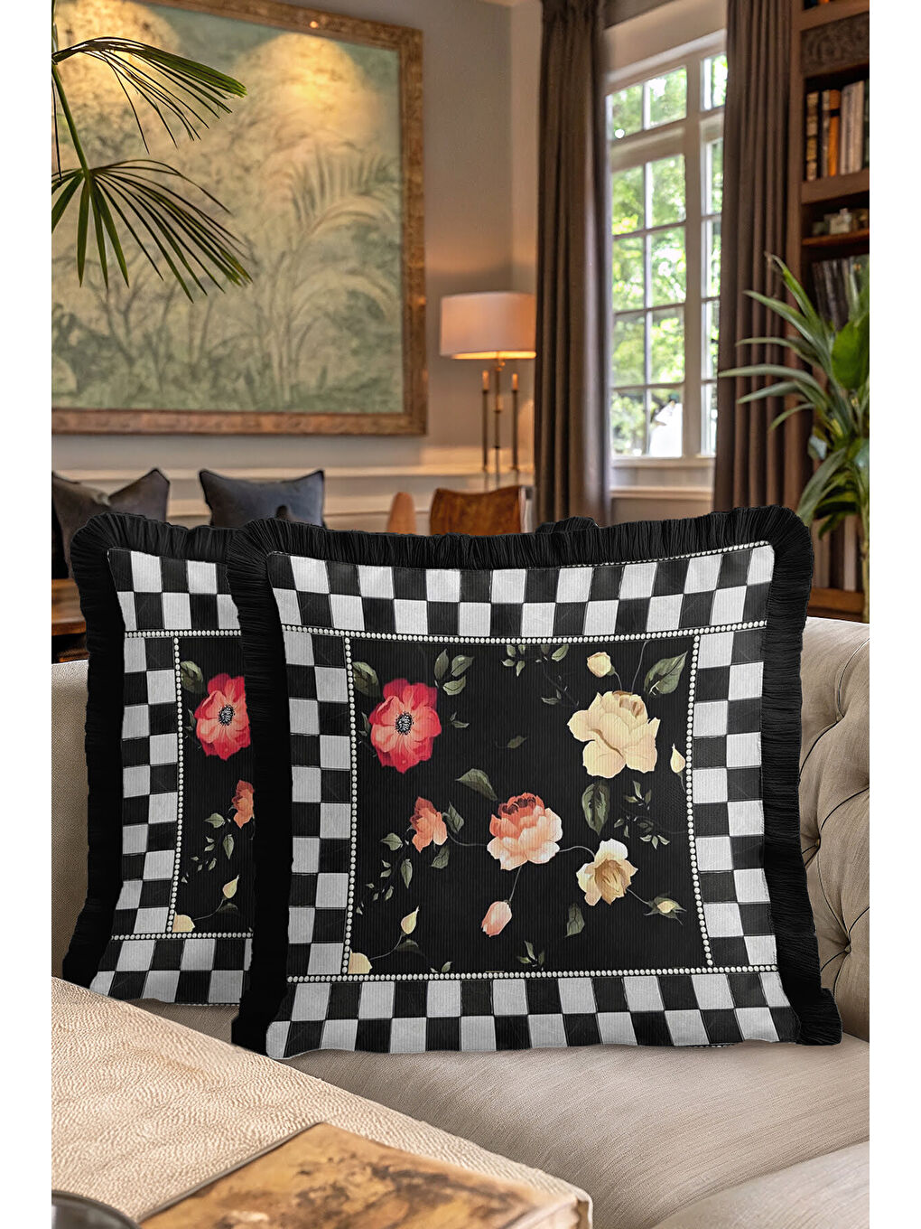 Karışık Zarif Çiçekli Saçaklı Yastık Kılıfı - Monokrom Bohem Siyah Püsküllü Kırlent Kılıfı-7