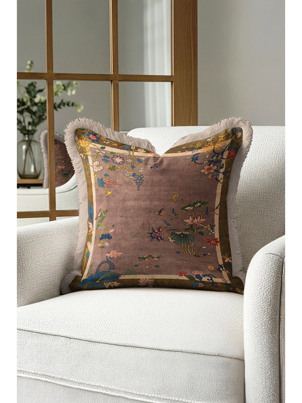 Karışık Zarif Çiçek Motifli Saçaklı Yastık Kılıfı - Vintage Bohem Su Yeşili ve Gold Püsküllü Kırlent Kılıfı-1