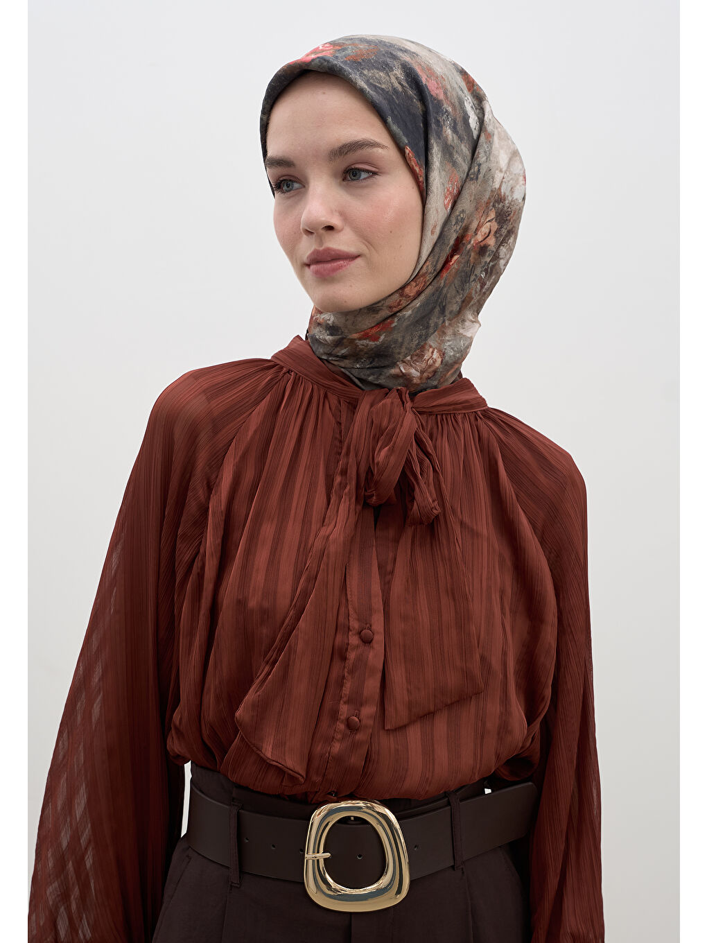 Kahverengi Evelyne Desen Pamuklu Viskon Eşarp Kiremit-1