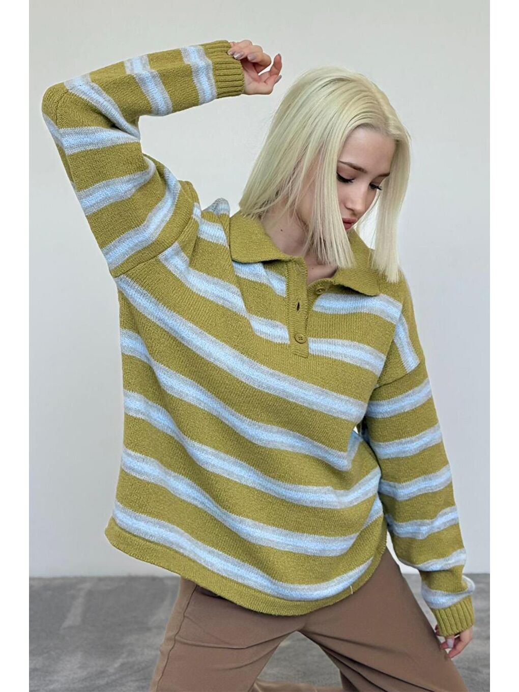 Yeşil Polo Yaka Çizgili Kadın Triko Kazak Mg2469-8