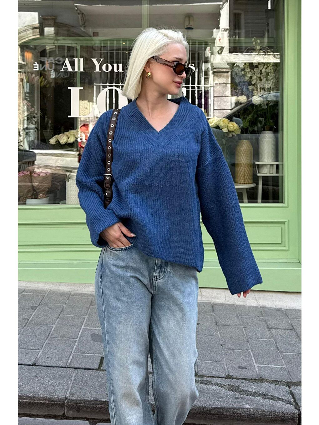 İndigo V Yaka Triko Kadın Kazak Mg2501-5