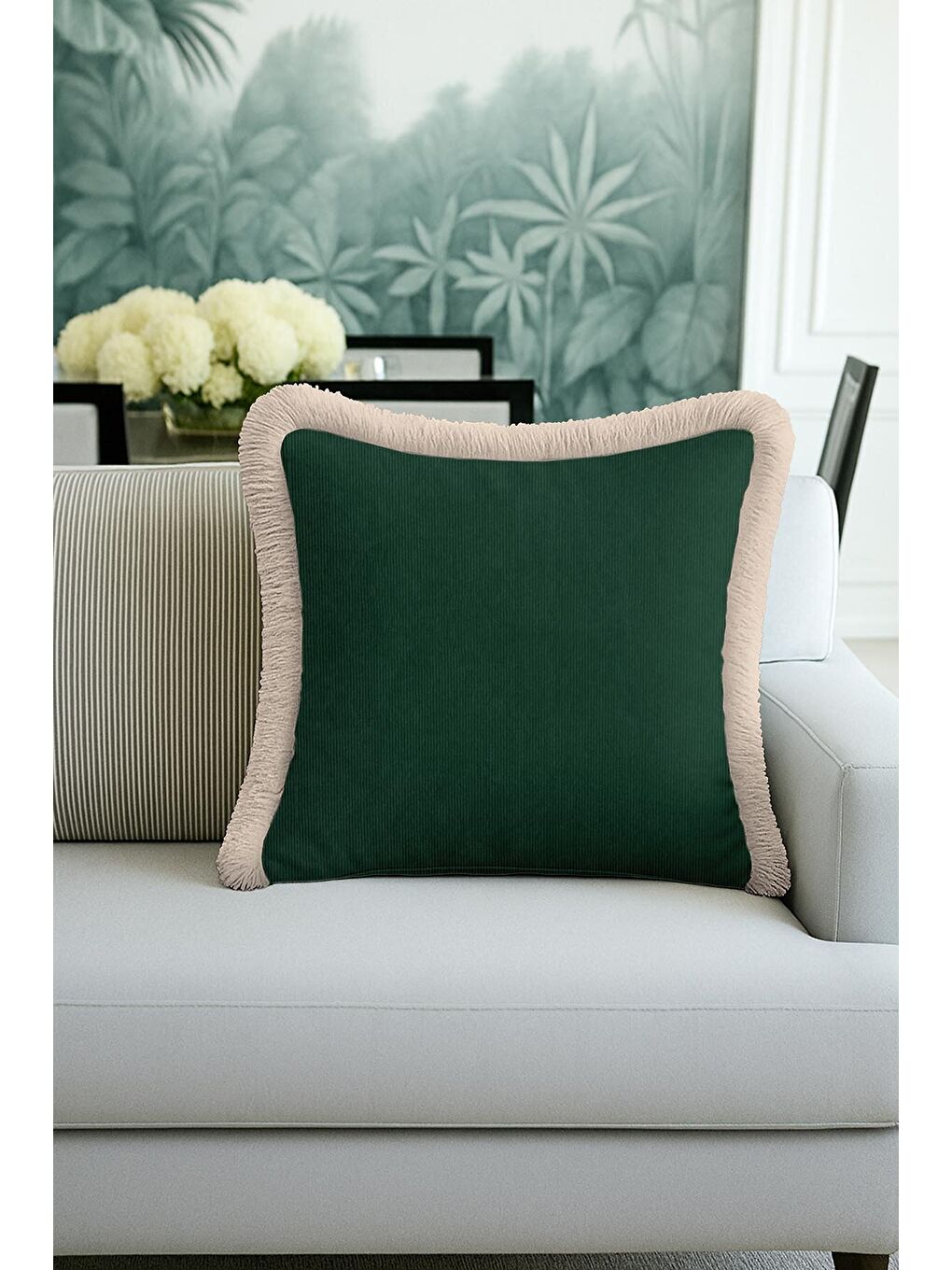 Karışık Zümrüt Yeşili Lüks Saçaklı Yastık Kılıfı - Klasik Country Bej Kenarlı Püsküllü Kırlent Kılıfı-3
