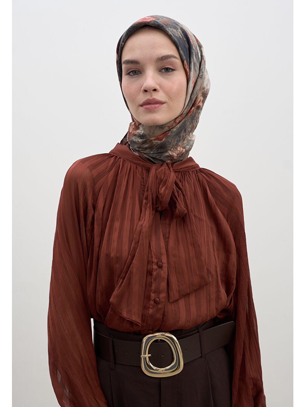 Kahverengi Evelyne Desen Pamuklu Viskon Eşarp Kiremit-2