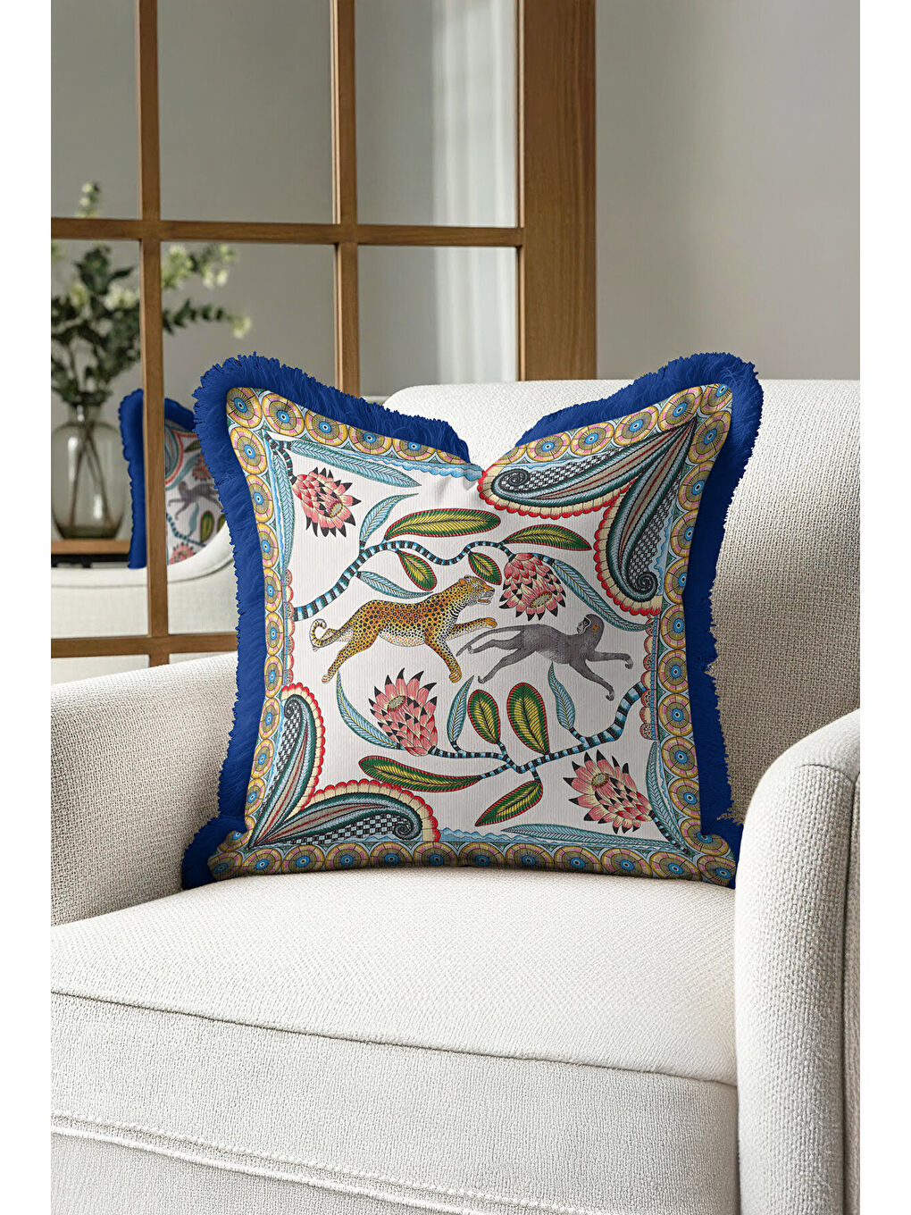 Karışık Egzotik Çiçekli Leopar Saçaklı Yastık Kılıfı - Safari Temalı Bohem Mavi Püsküllü Kırlent Kılıfı-2