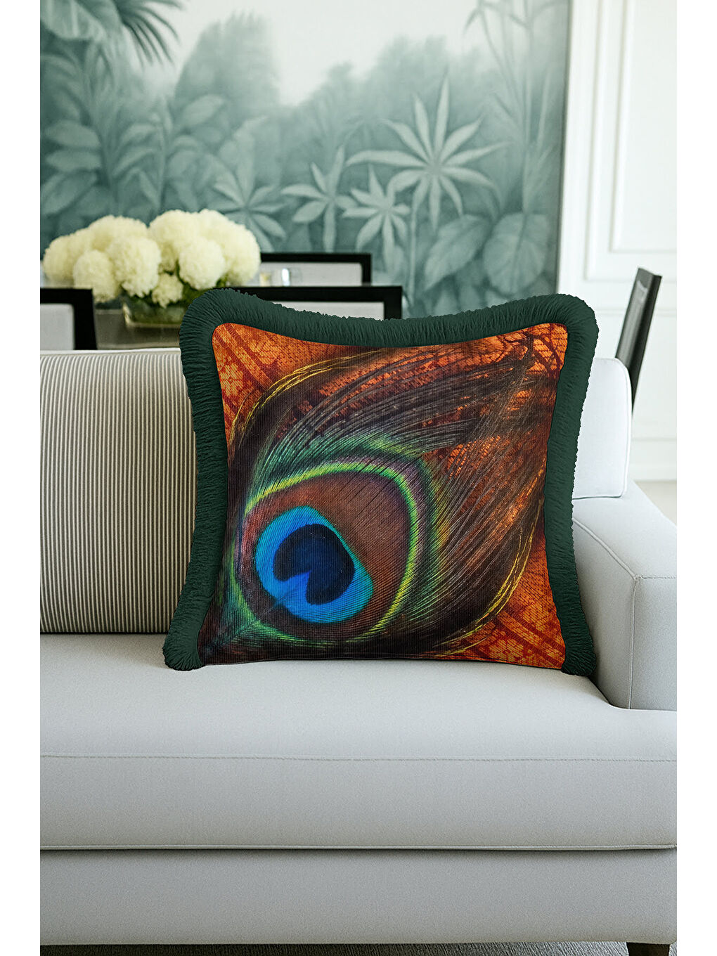 Karışık Zümrüt Yeşili Tavus Tüyü Saçaklı Yastık Kılıfı - Bohem Lüks Turuncu Yeşil Püsküllü Kırlent Kılıfı-3