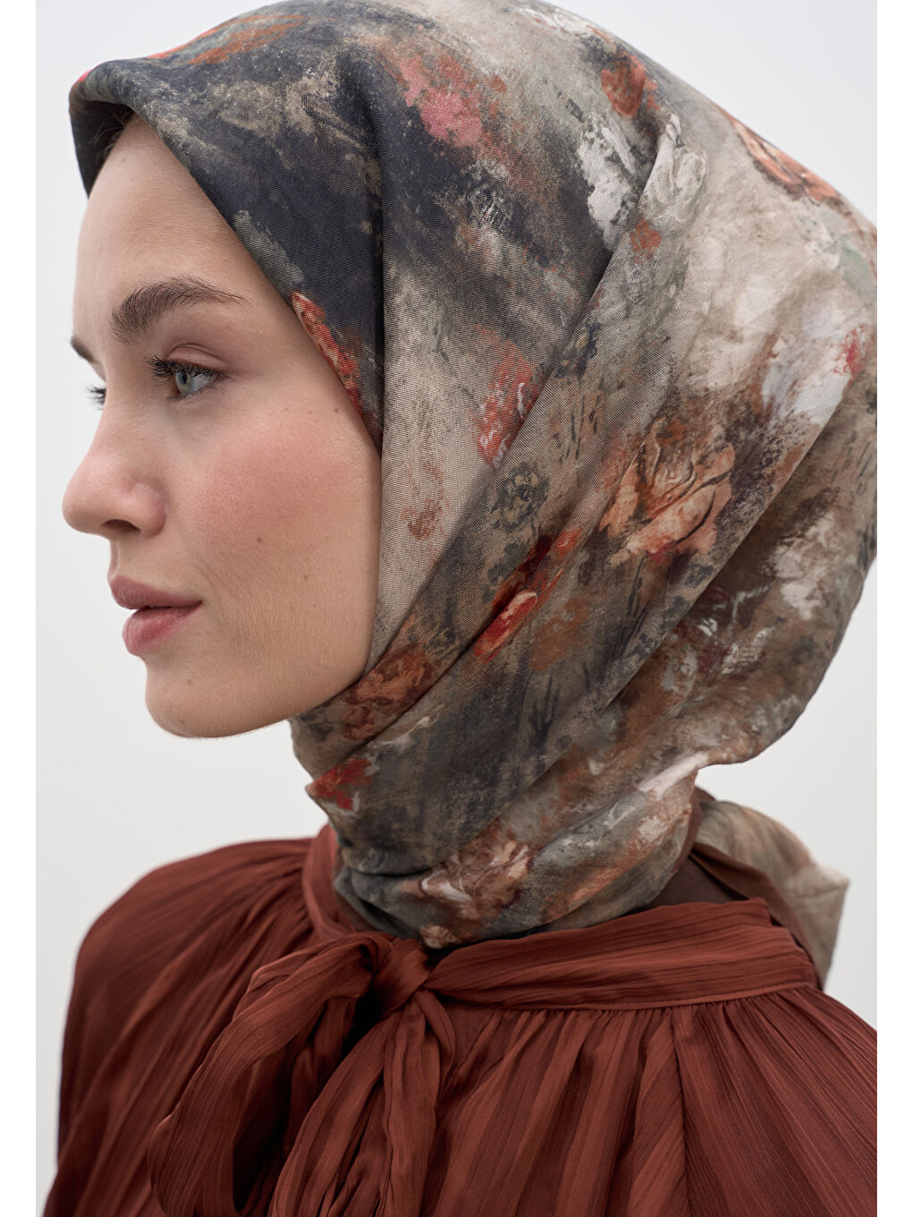 Kahverengi Evelyne Desen Pamuklu Viskon Eşarp Kiremit-3