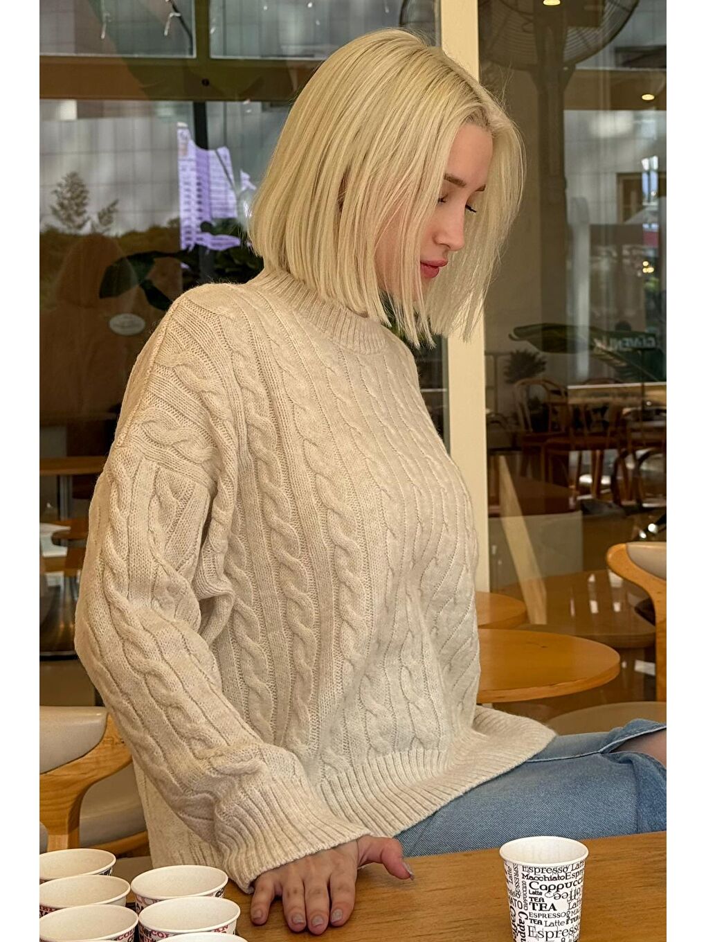 Ekru Bisiklet Yaka Örgü Desenli Kadın Triko Kazak Mg2520-2