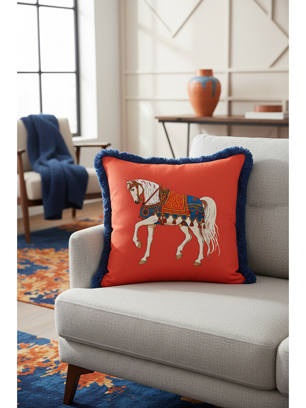 Karışık Saray İhtişamlı Saçaklı Yastık Kılıfı - Asil At Figürü Bohem Kırmızı Lacivert Püsküllü Kırlent Kılıf-3