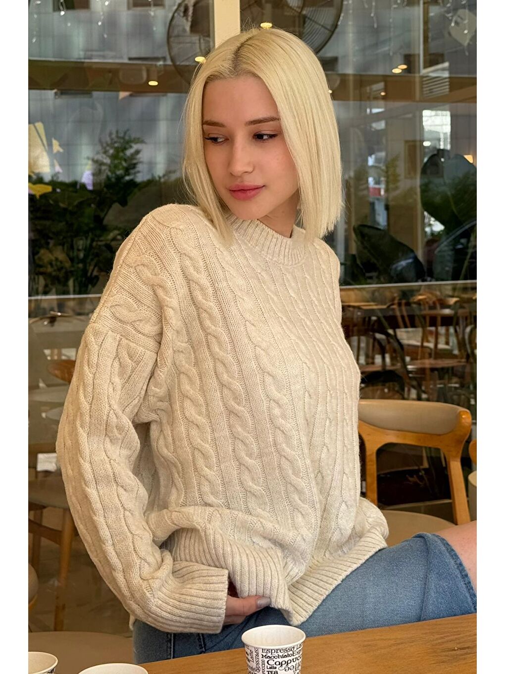 Ekru Bisiklet Yaka Örgü Desenli Kadın Triko Kazak Mg2520-3