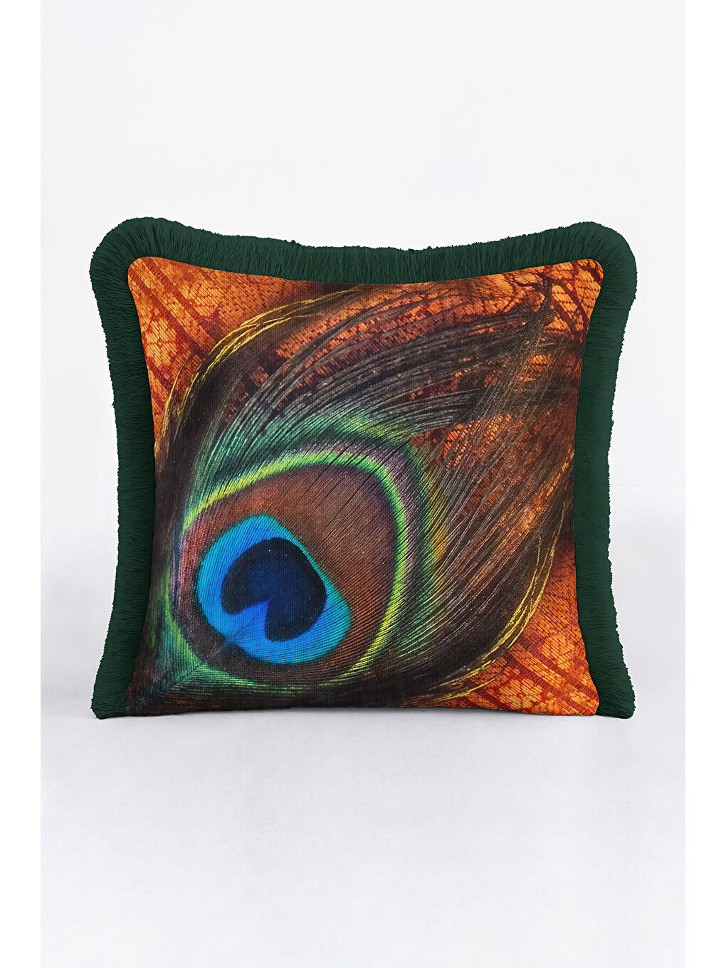 Karışık Zümrüt Yeşili Tavus Tüyü Saçaklı Yastık Kılıfı - Bohem Lüks Turuncu Yeşil Püsküllü Kırlent Kılıfı-4