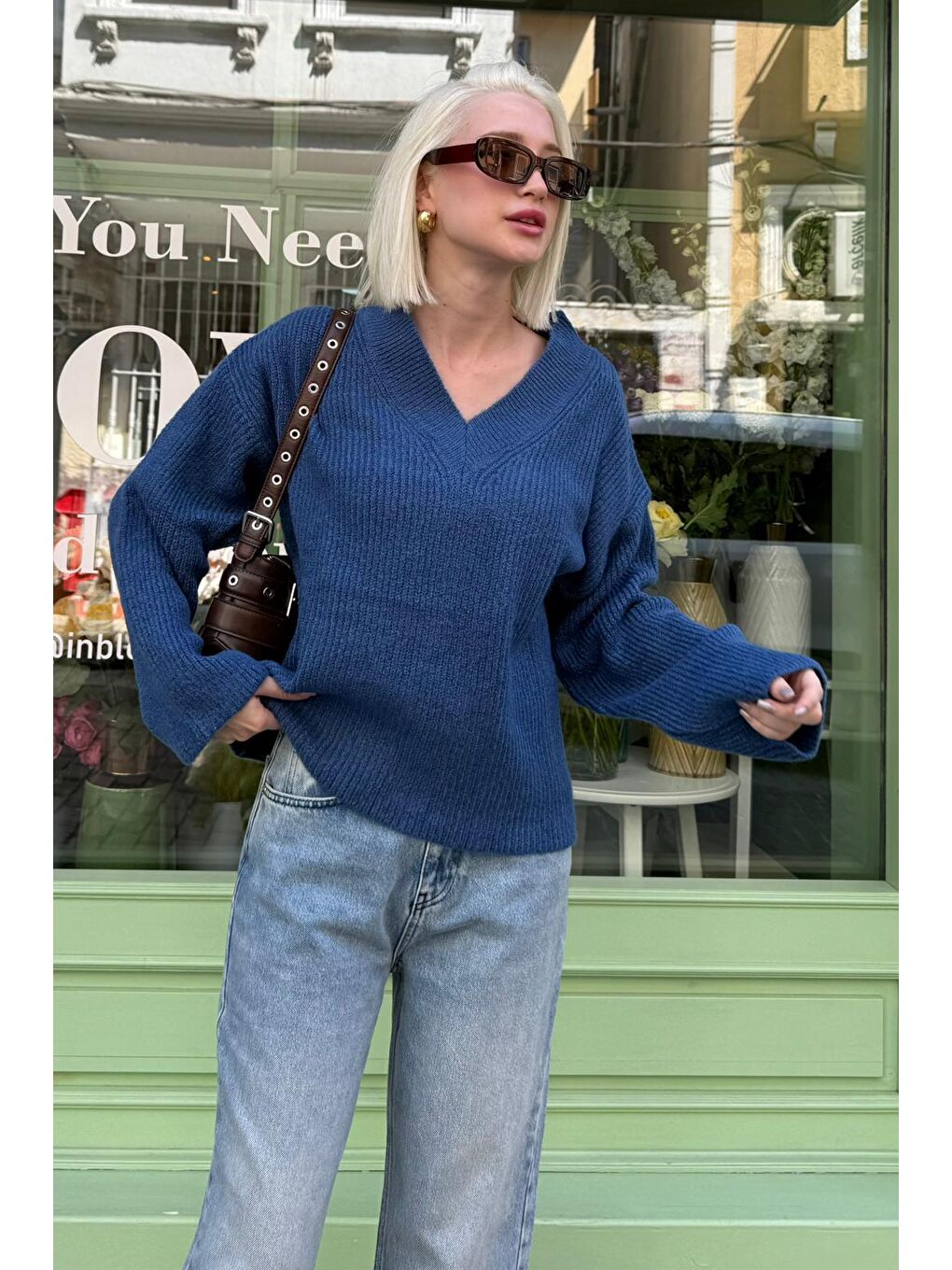 İndigo V Yaka Triko Kadın Kazak Mg2501-8