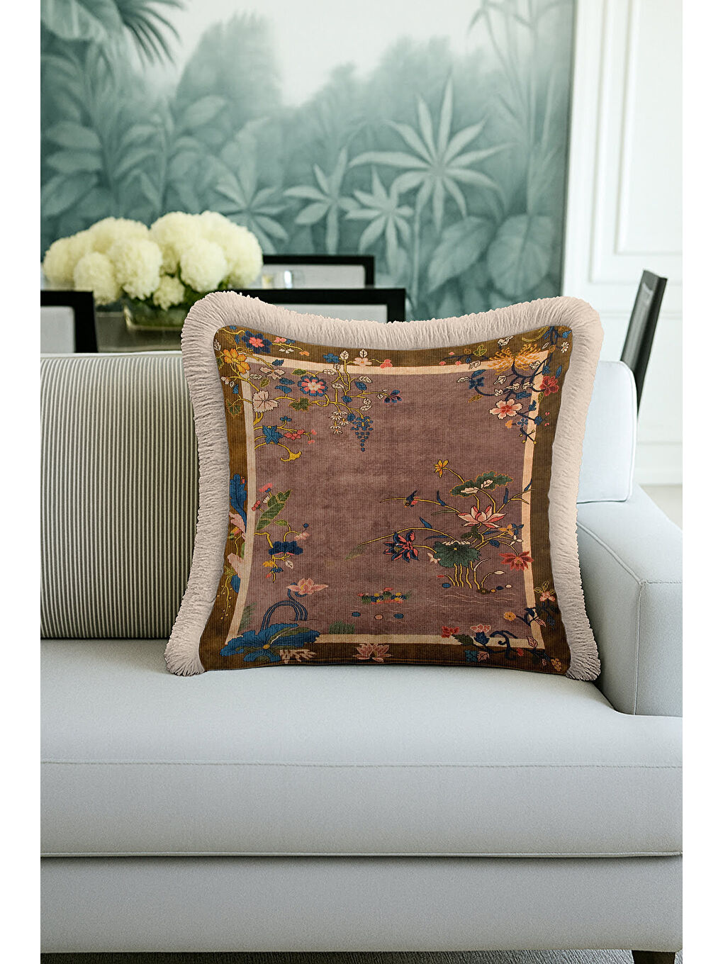 Karışık Zarif Çiçek Motifli Saçaklı Yastık Kılıfı - Vintage Bohem Su Yeşili ve Gold Püsküllü Kırlent Kılıfı-2