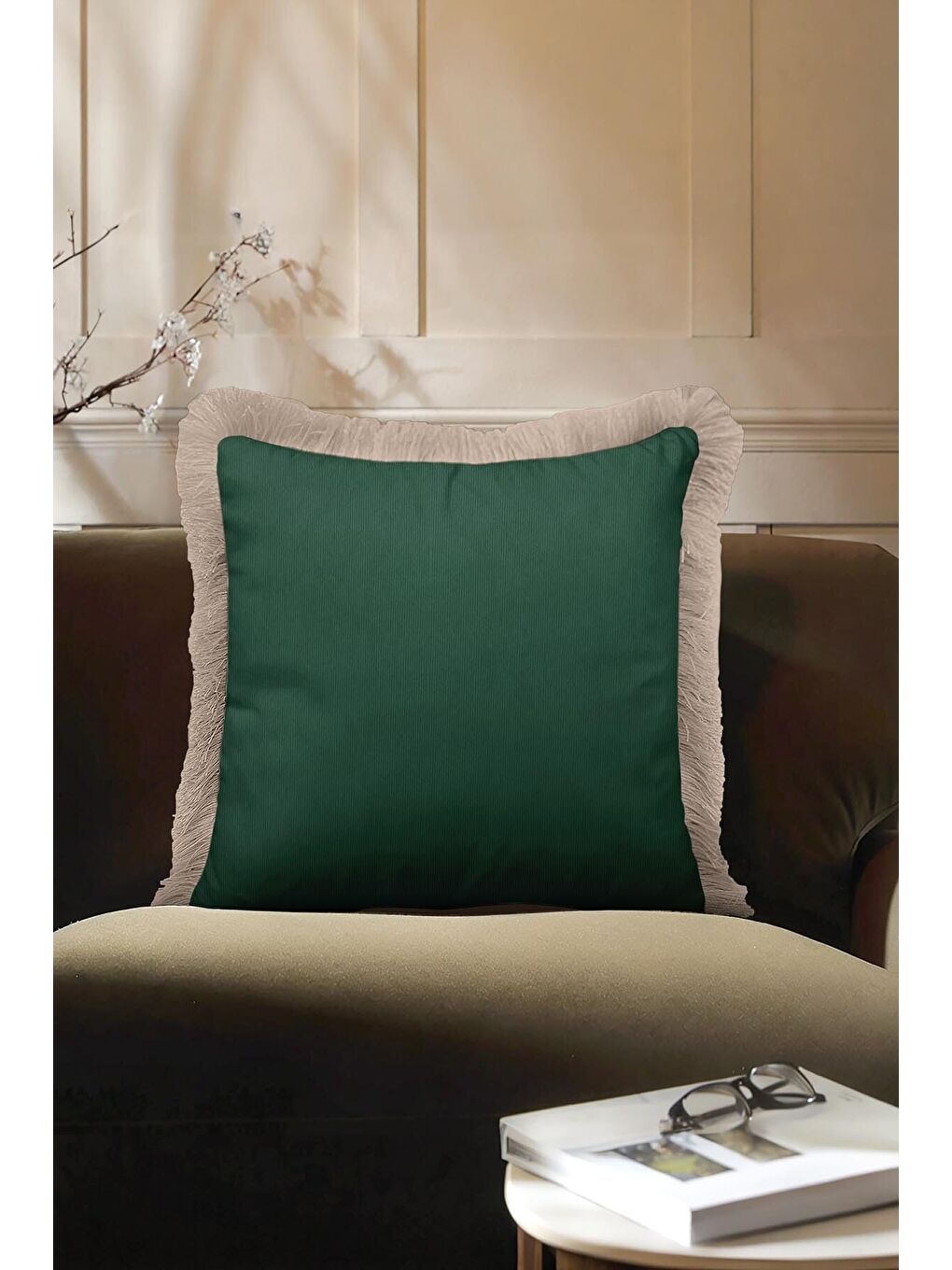 Karışık Zümrüt Yeşili Lüks Saçaklı Yastık Kılıfı - Klasik Country Bej Kenarlı Püsküllü Kırlent Kılıfı-4