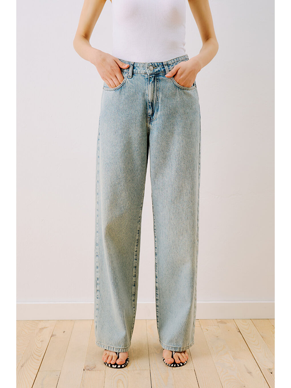 Çizgili Denim Straıght Pantolon Açık Mavi-5