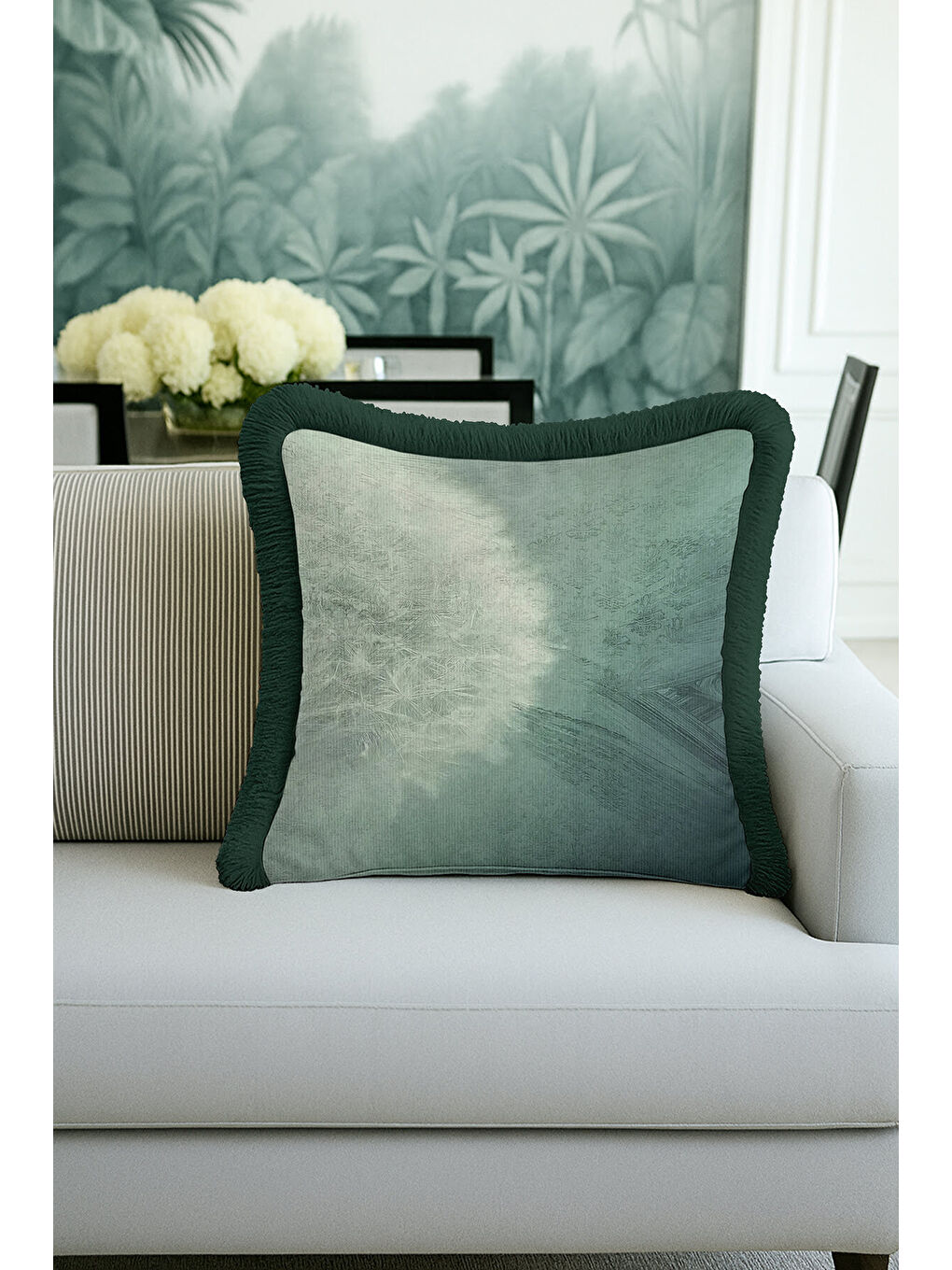 Karışık Lüks Doğal Esinti Saçaklı Yastık Kılıfı - Zarif Boho Yeşil Püsküllü Kırlent Kılıfı-1