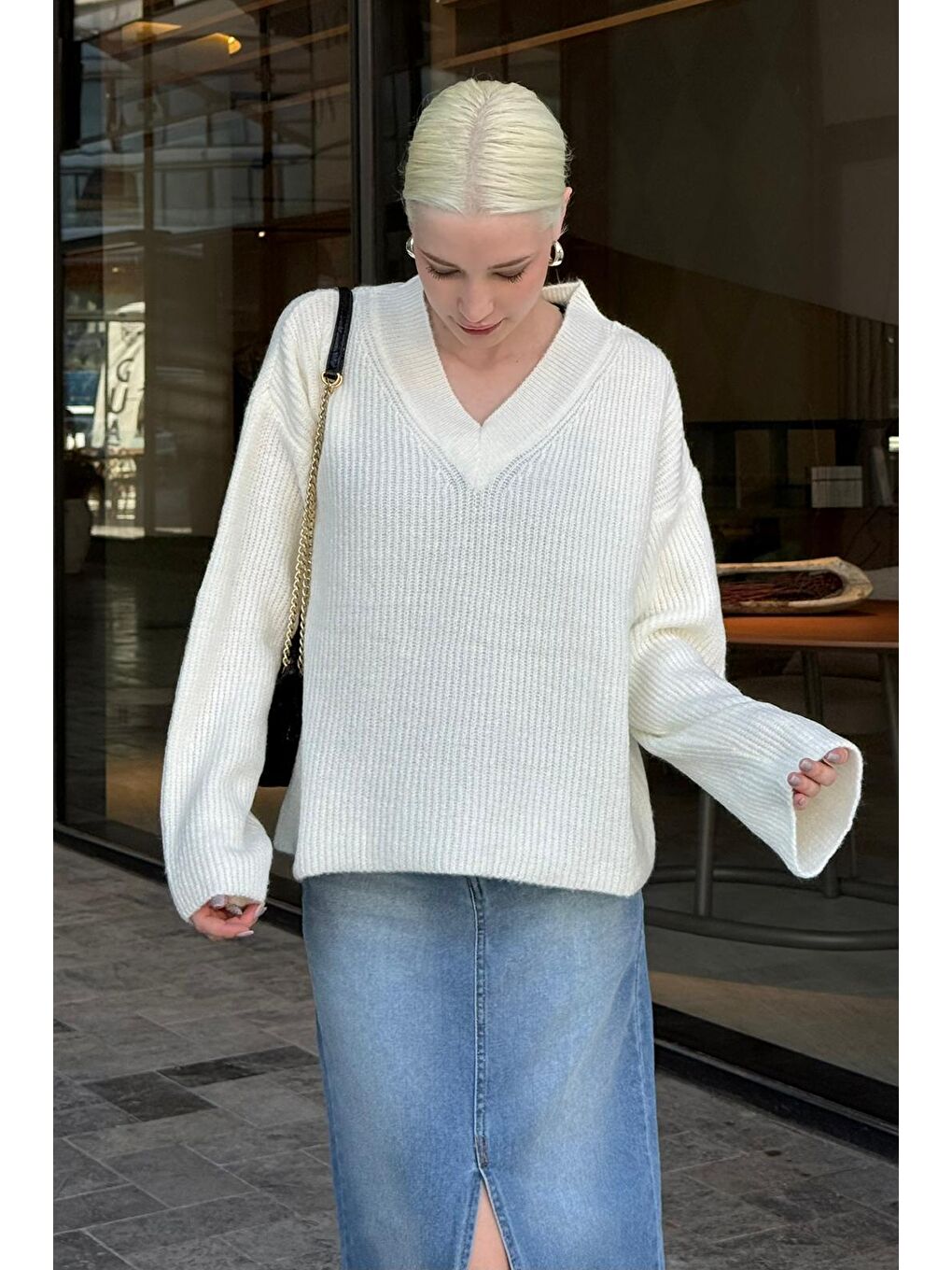 Ekru V Yaka Triko Kadın Kazak Mg2501-3