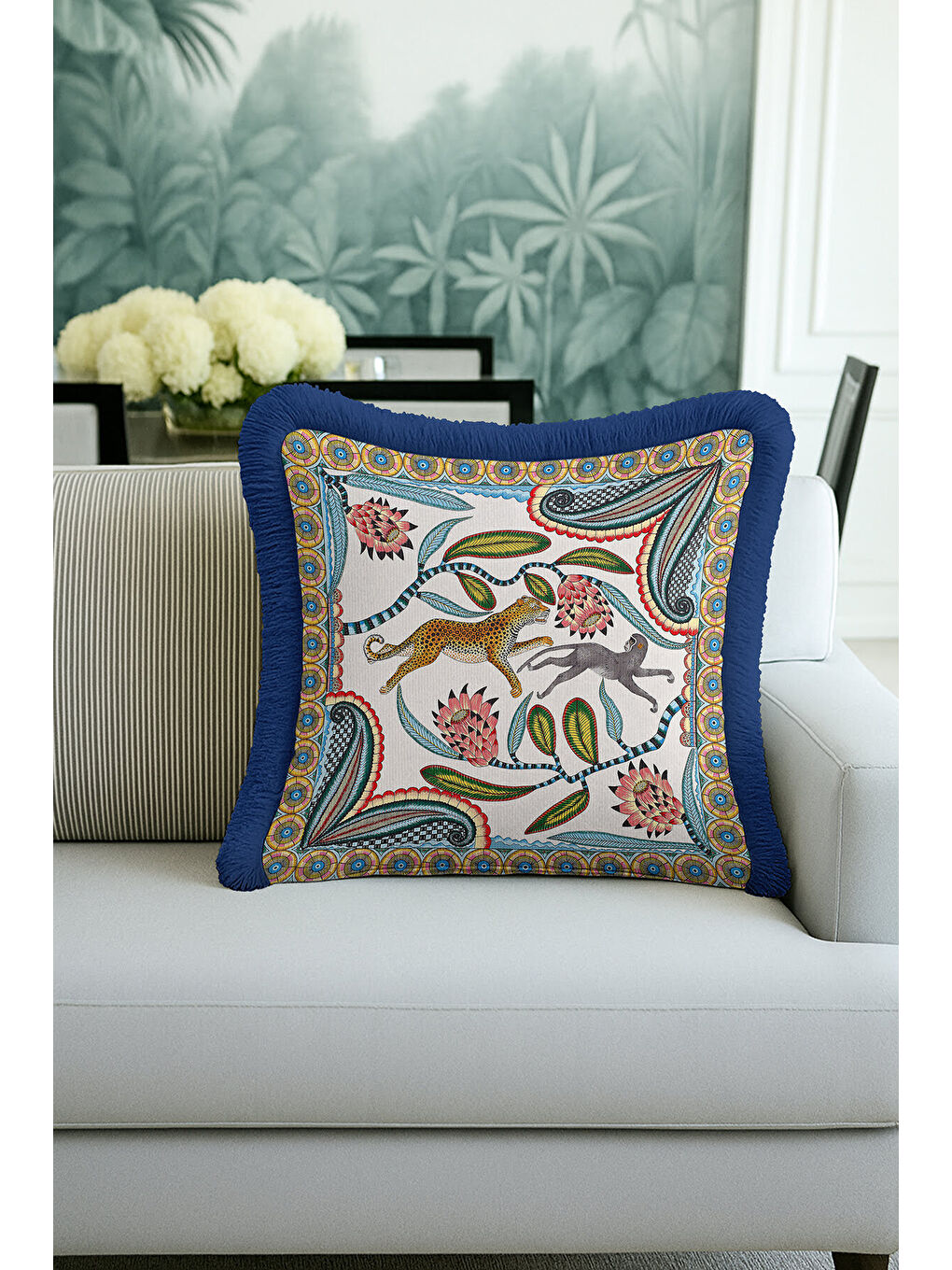 Karışık Egzotik Çiçekli Leopar Saçaklı Yastık Kılıfı - Safari Temalı Bohem Mavi Püsküllü Kırlent Kılıfı-3
