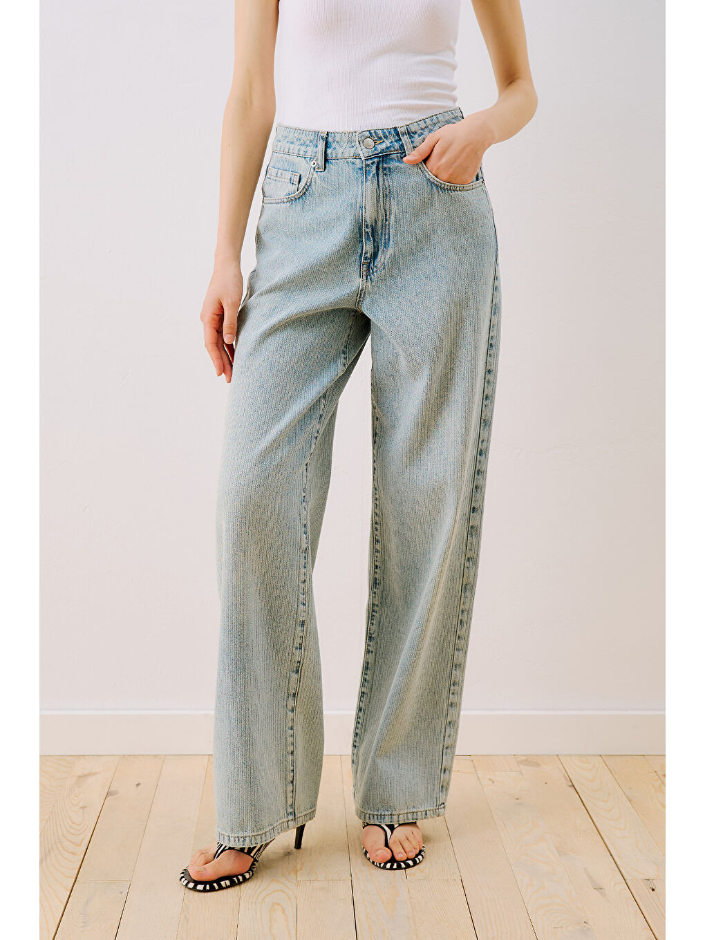 Çizgili Denim Straıght Pantolon Açık Mavi-6