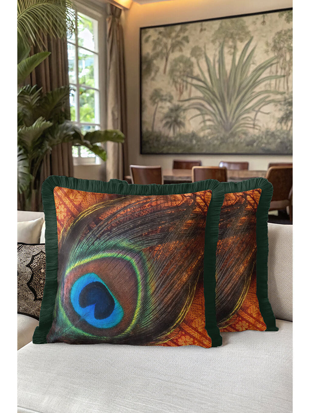 Karışık Zümrüt Yeşili Tavus Tüyü Saçaklı Yastık Kılıfı - Bohem Lüks Turuncu Yeşil Püsküllü Kırlent Kılıfı-5