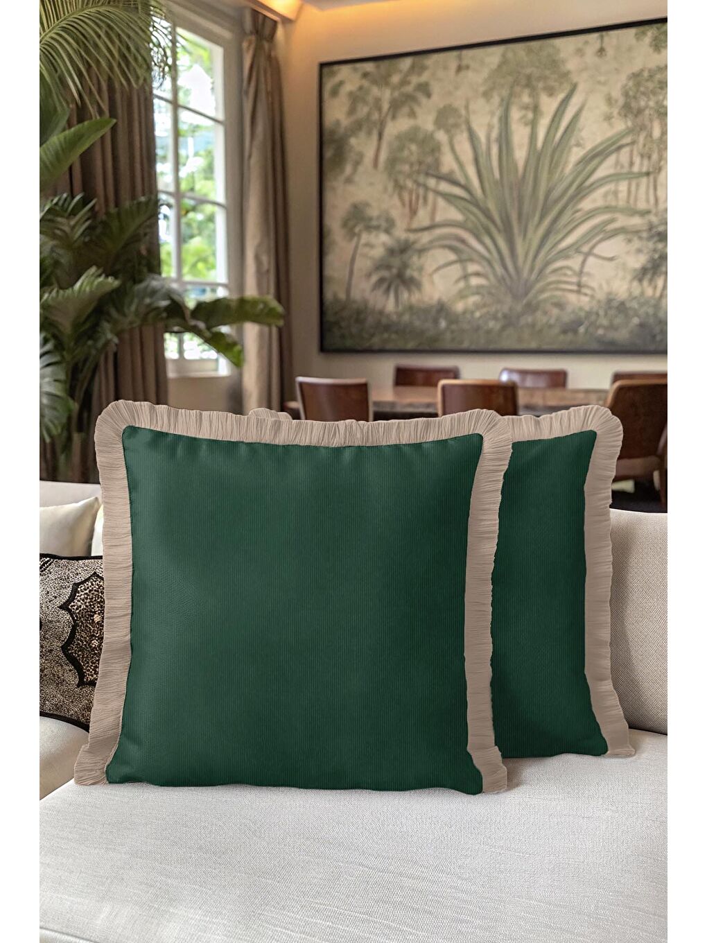 Karışık Zümrüt Yeşili Lüks Saçaklı Yastık Kılıfı - Klasik Country Bej Kenarlı Püsküllü Kırlent Kılıfı-5