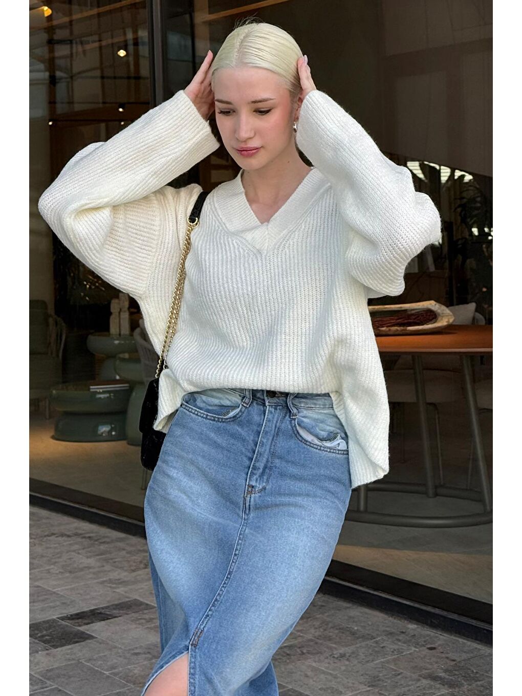 Ekru V Yaka Triko Kadın Kazak Mg2501-5