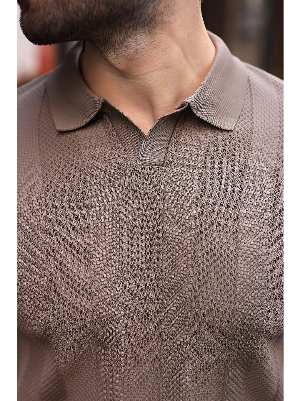 Açık Kahverengi Regular Fit Polo Yaka Triko Erkek Kazak E7509-3