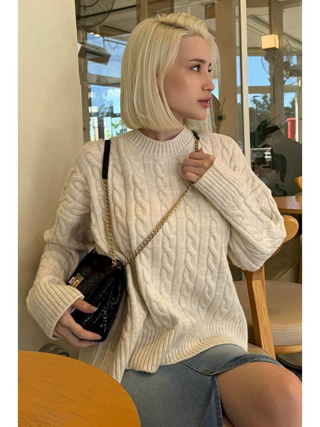 Ekru Bisiklet Yaka Örgü Desenli Kadın Triko Kazak Mg2520-7