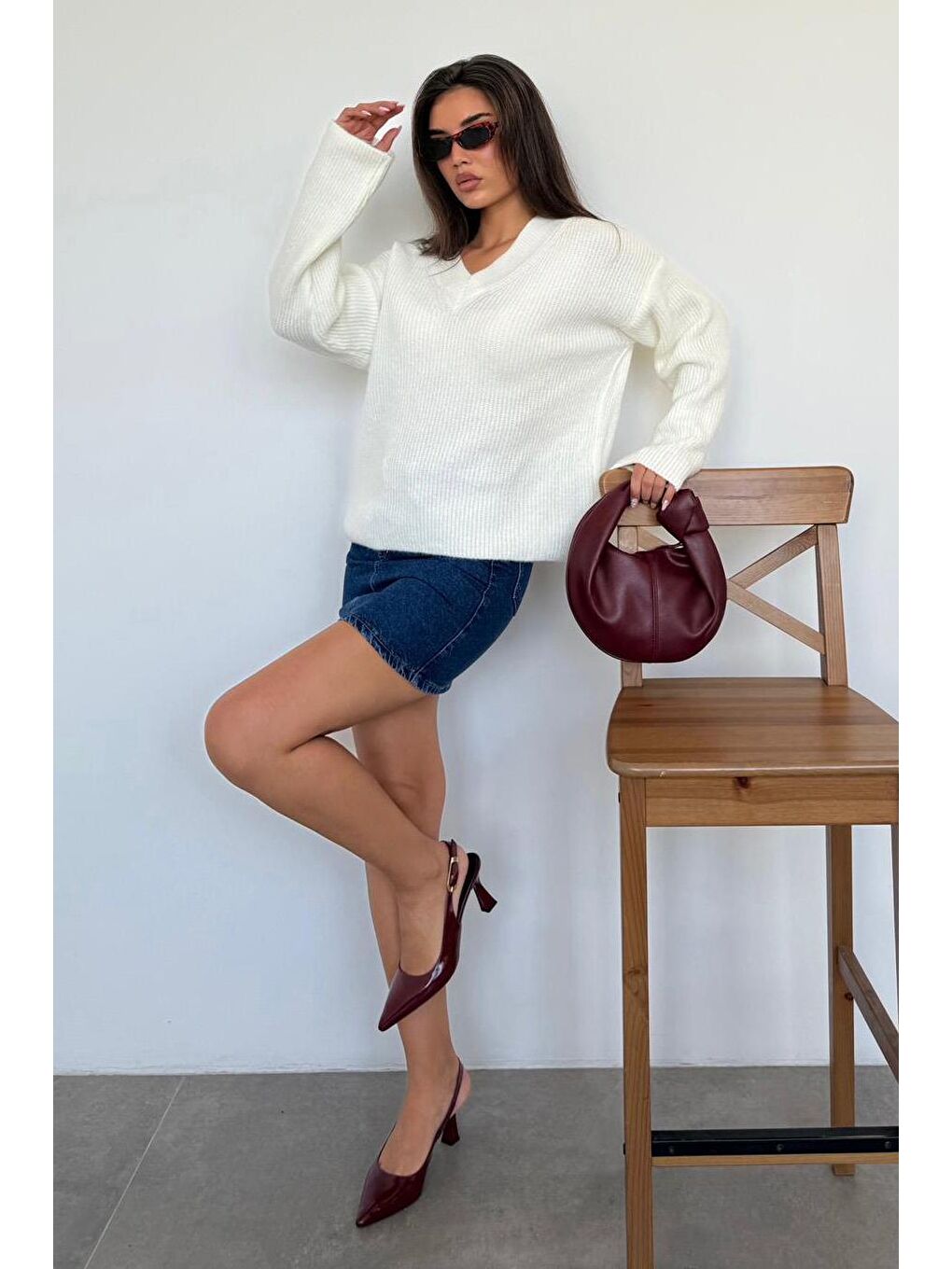 Ekru V Yaka Triko Kadın Kazak Mg2501-6