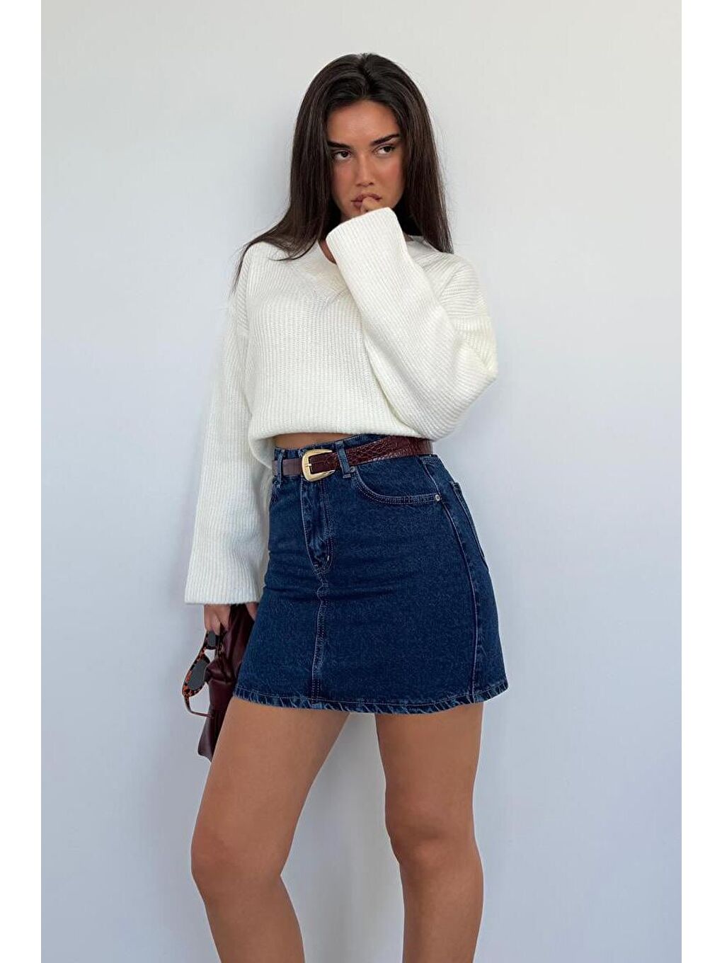 Ekru V Yaka Triko Kadın Kazak Mg2501-7