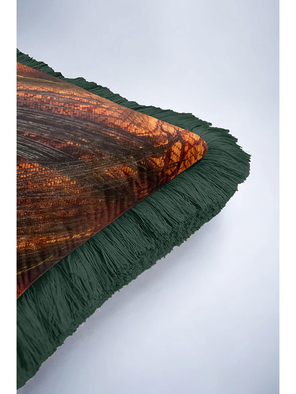 Karışık Zümrüt Yeşili Tavus Tüyü Saçaklı Yastık Kılıfı - Bohem Lüks Turuncu Yeşil Püsküllü Kırlent Kılıfı-6