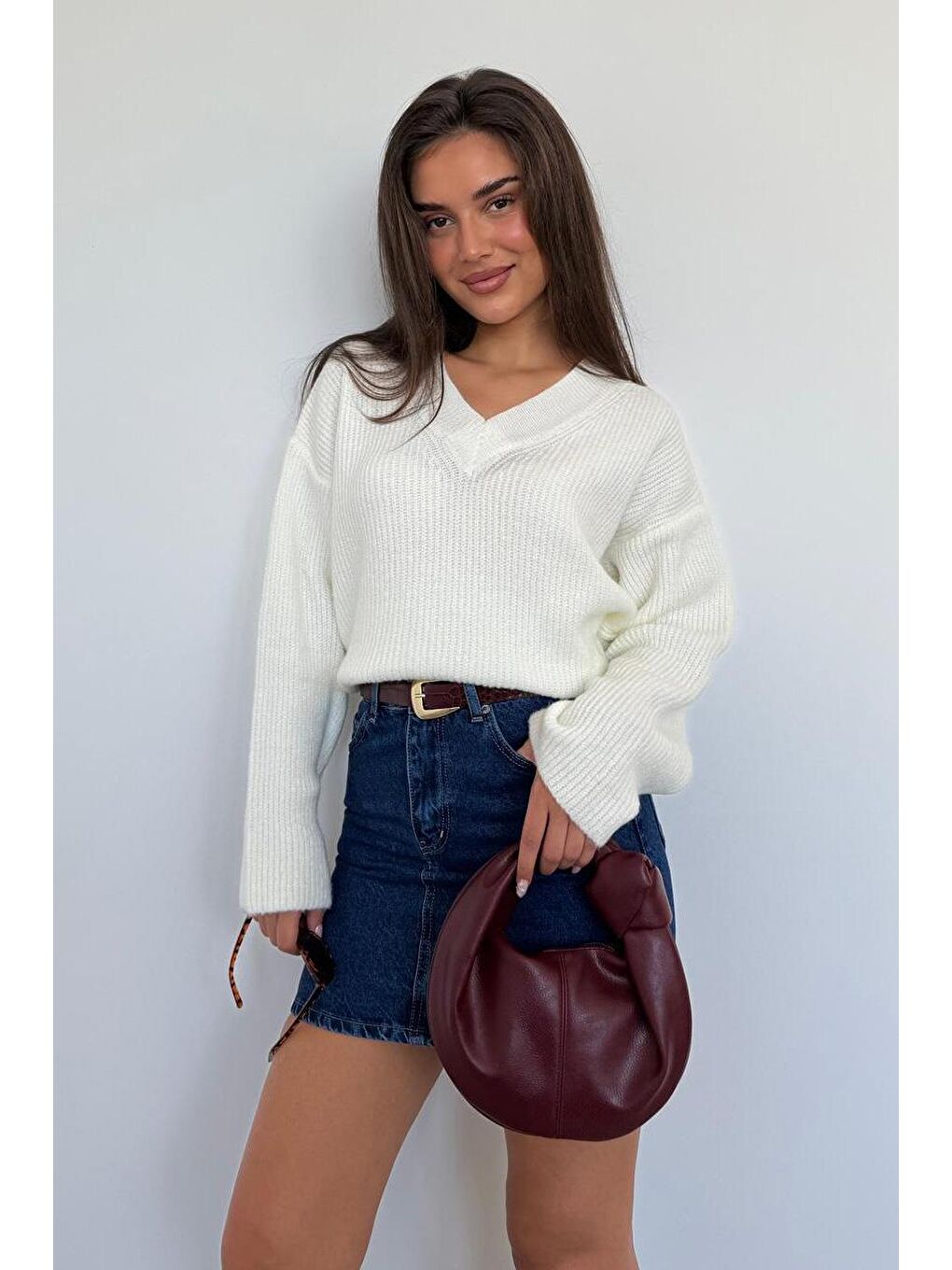 Ekru V Yaka Triko Kadın Kazak Mg2501-8
