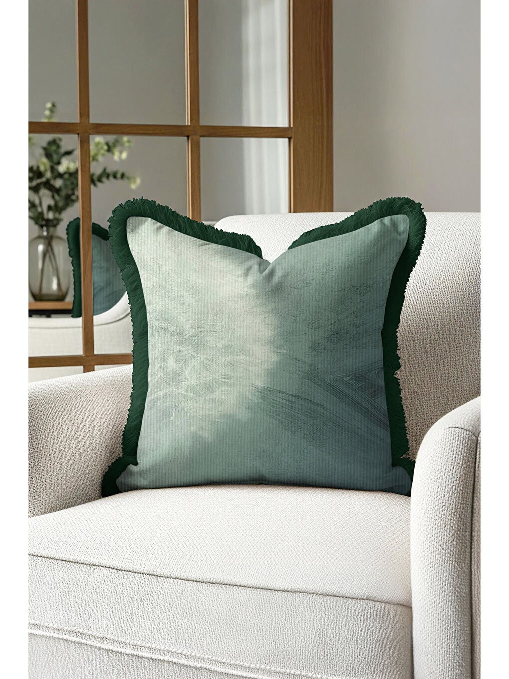 Karışık Lüks Doğal Esinti Saçaklı Yastık Kılıfı - Zarif Boho Yeşil Püsküllü Kırlent Kılıfı-4