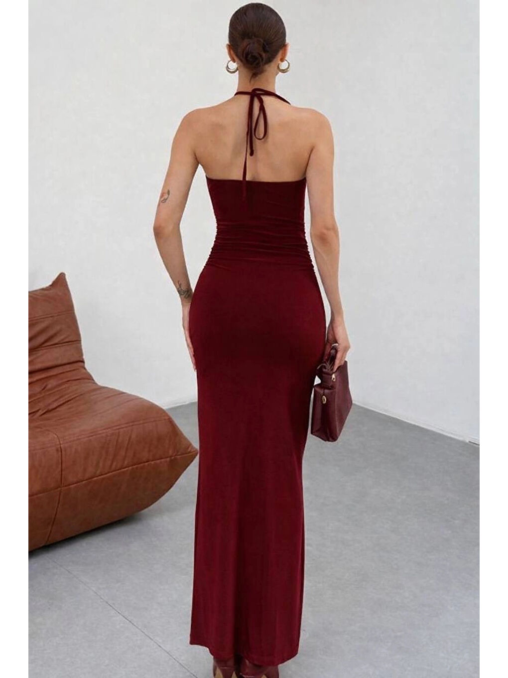 Kadın Bordo Aksesuarlı Lastikli Uzun Elbise 13956-2