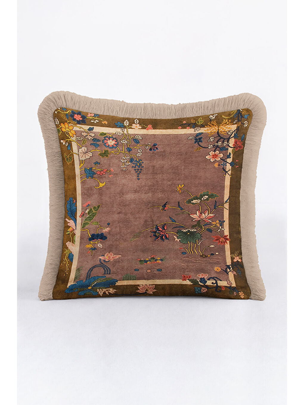 Karışık Zarif Çiçek Motifli Saçaklı Yastık Kılıfı - Vintage Bohem Su Yeşili ve Gold Püsküllü Kırlent Kılıfı-3