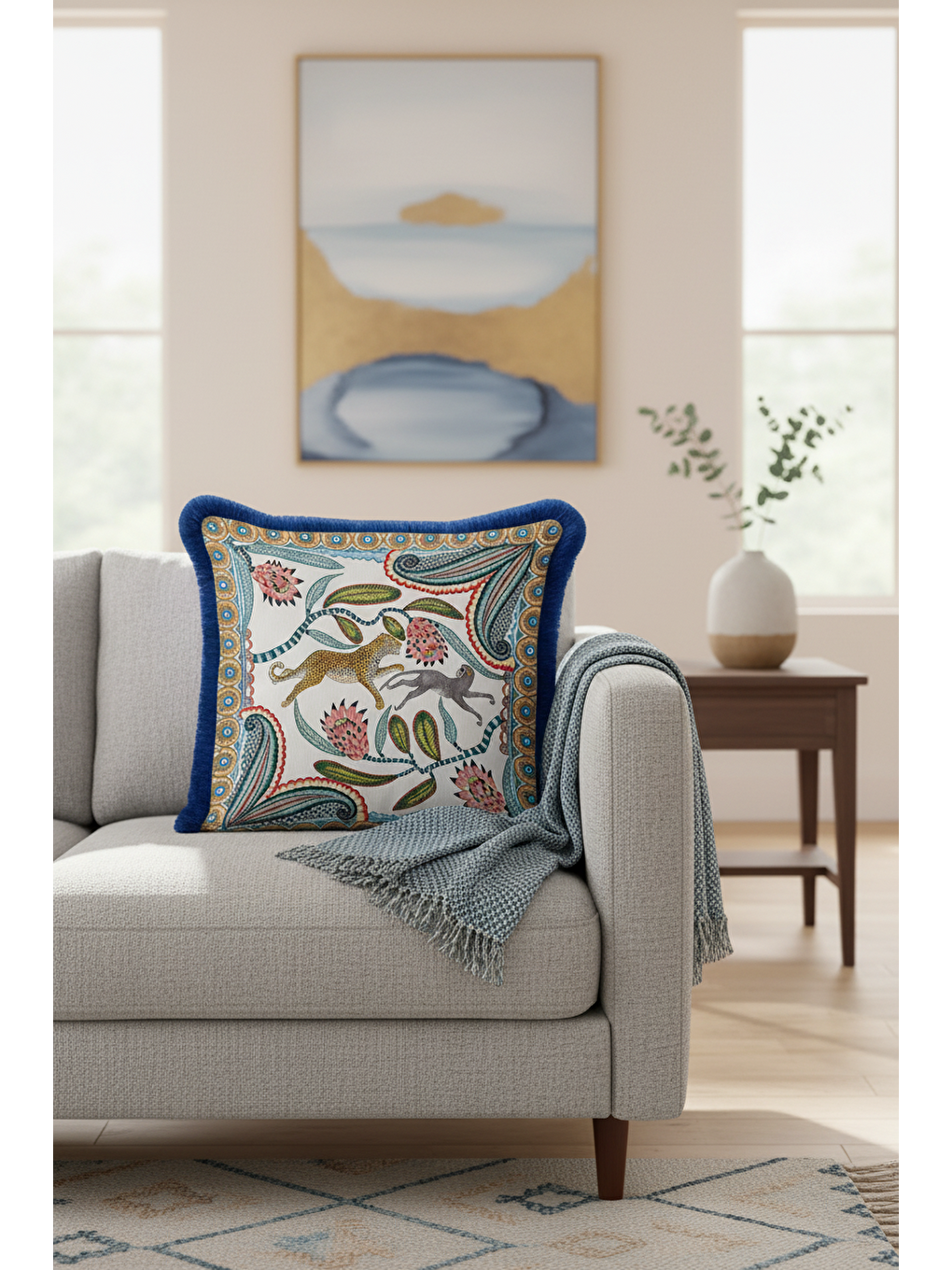 Karışık Egzotik Çiçekli Leopar Saçaklı Yastık Kılıfı - Safari Temalı Bohem Mavi Püsküllü Kırlent Kılıfı-4